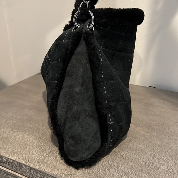 CHANEL Bags Chanel Hobo Vintage Mouton Fur Black Suede Quilted